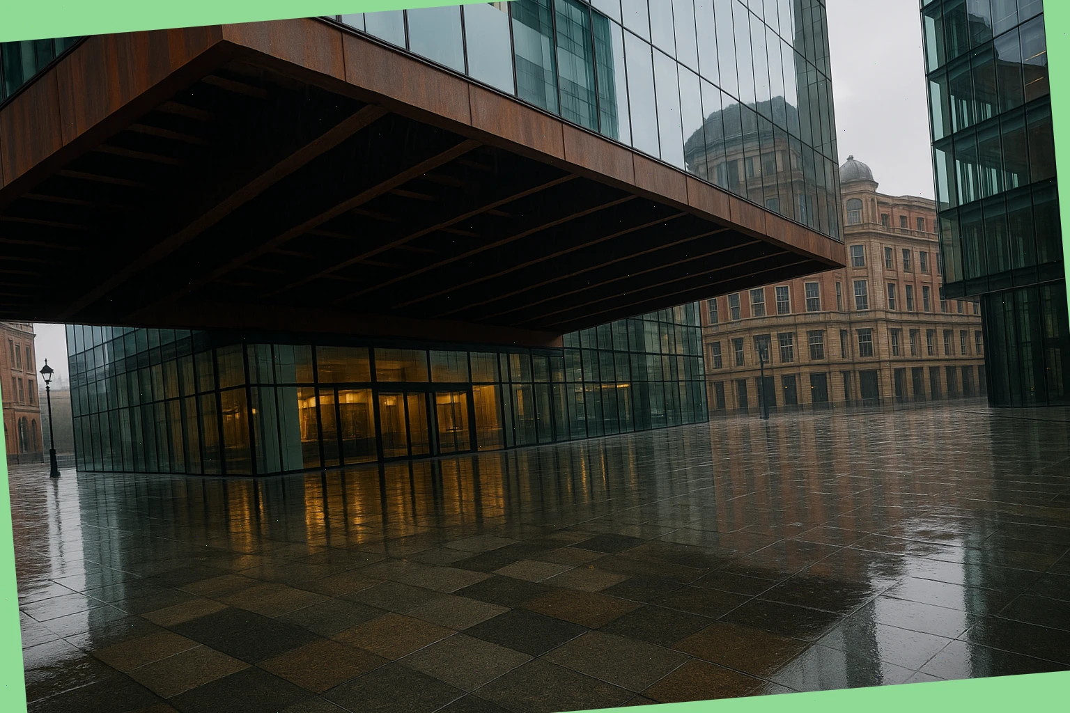 Rain sheen across a plaza beneath a cantilever