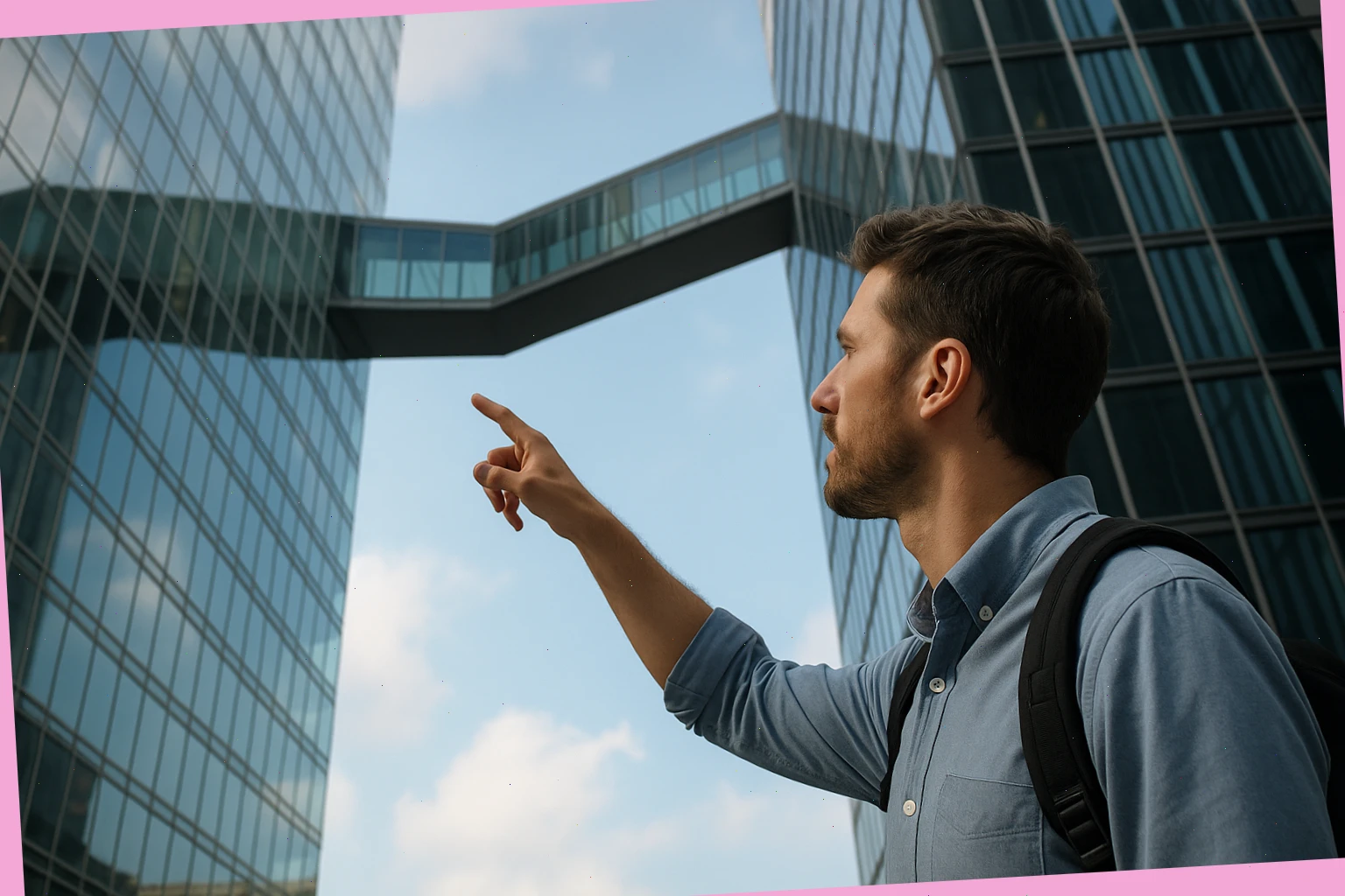 Researcher pointing to a skybridge between towers