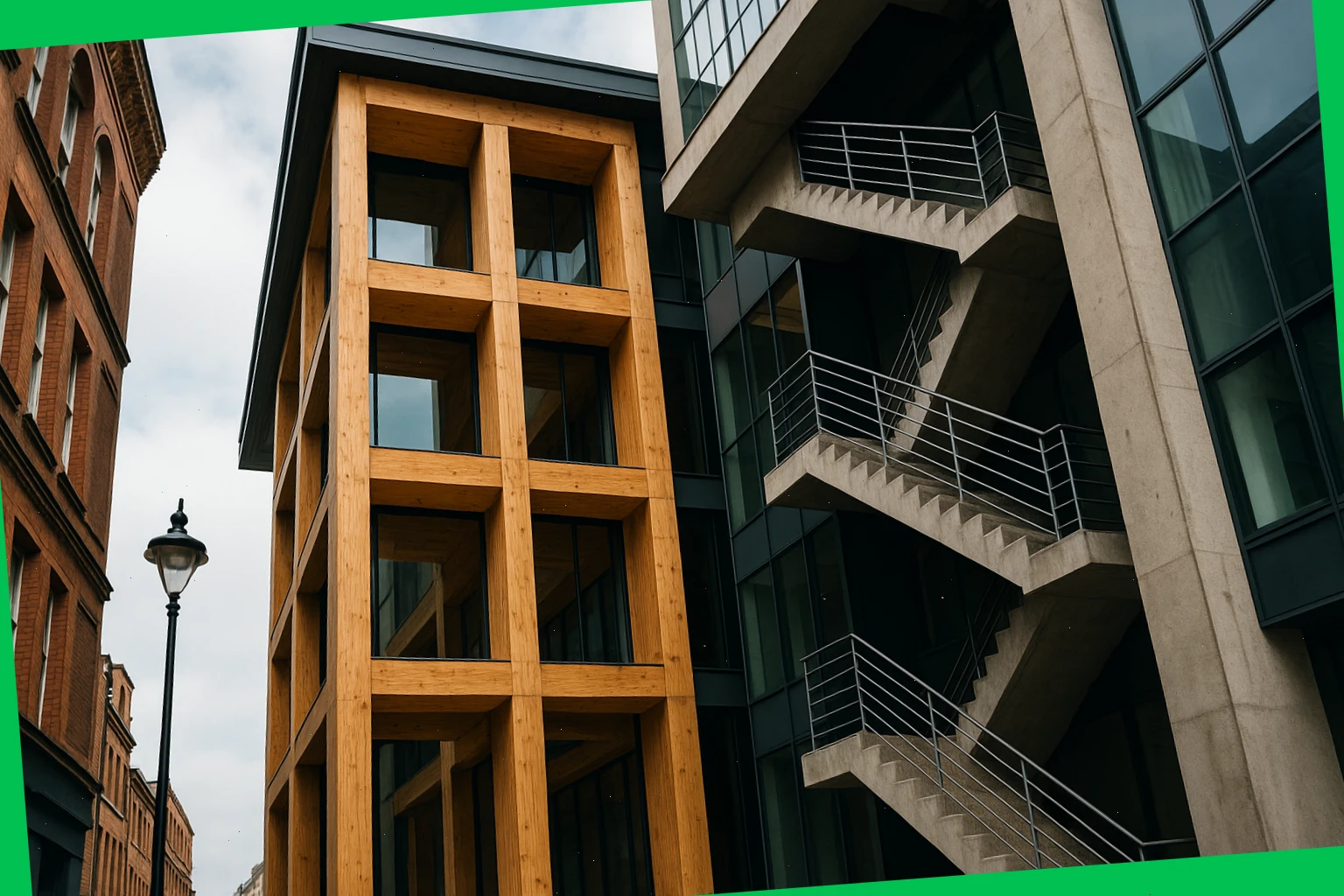 Timber core and concrete stair seen from street level